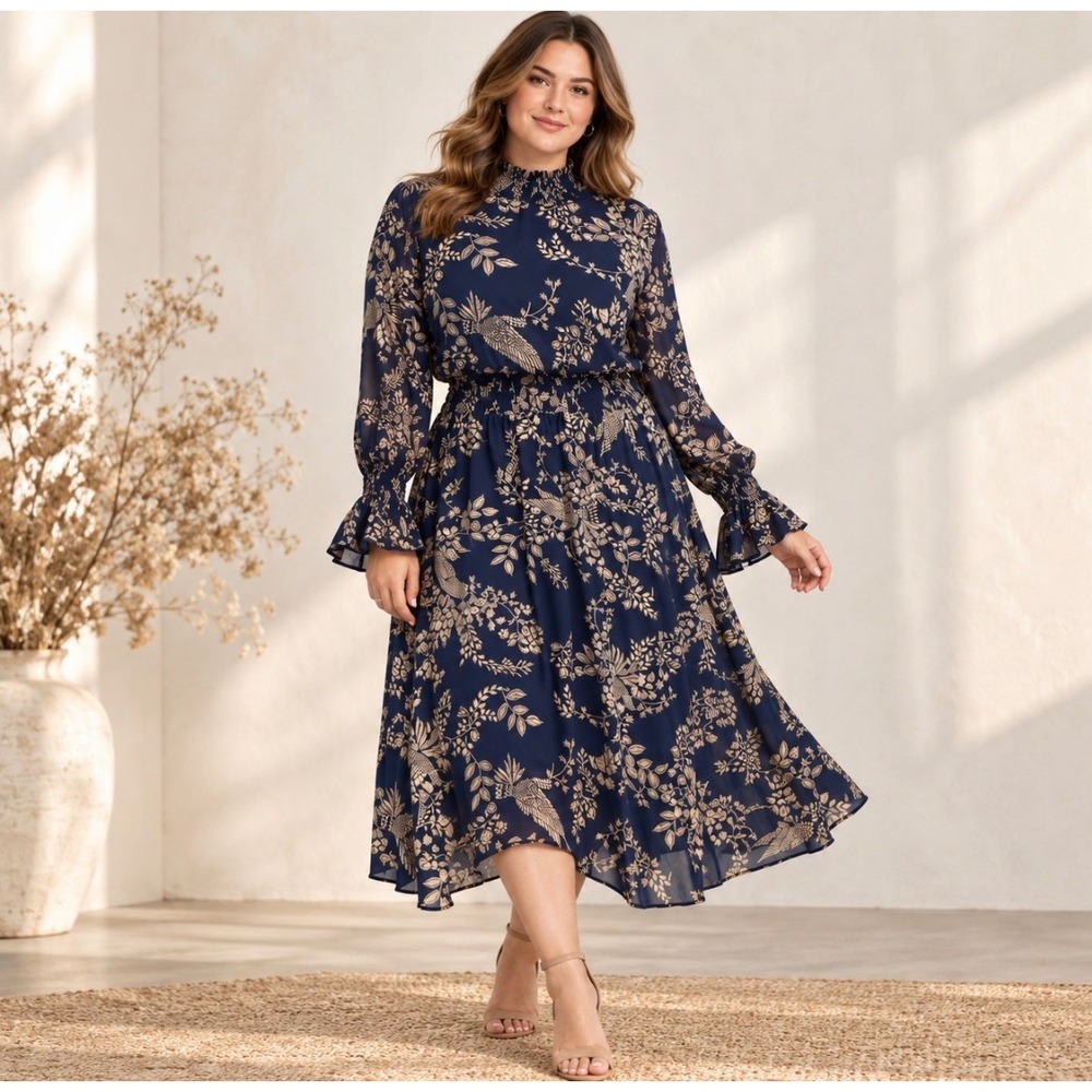 Nanette Lepore Dress Womens 14 Midi Long Sleeve High Low Hem Bird Floral Navy